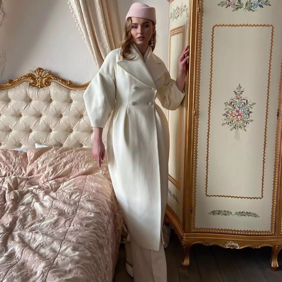 Coat white runway fashion button V-neck long puff lantern sleeve womens - Picture 4 of 9